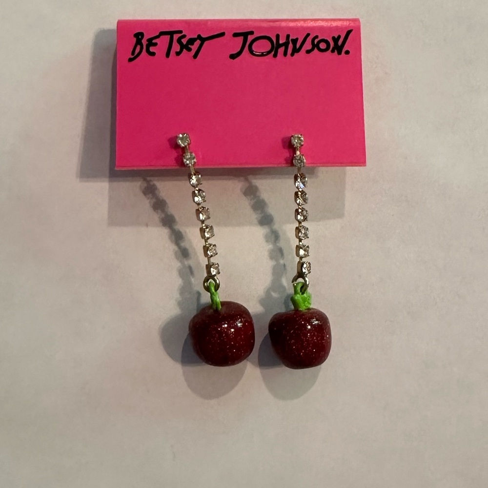 Betsey Johnson Earrings Red Sparkle Glitter Apple Dangle Rhinestones NEW - Picture 3 of 7
